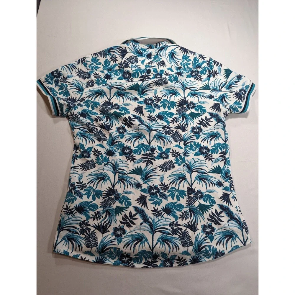 Zara Shirt USA 5 Blue Floral‎ Cotton Short Sleeve Button Down Slim Fit Polo